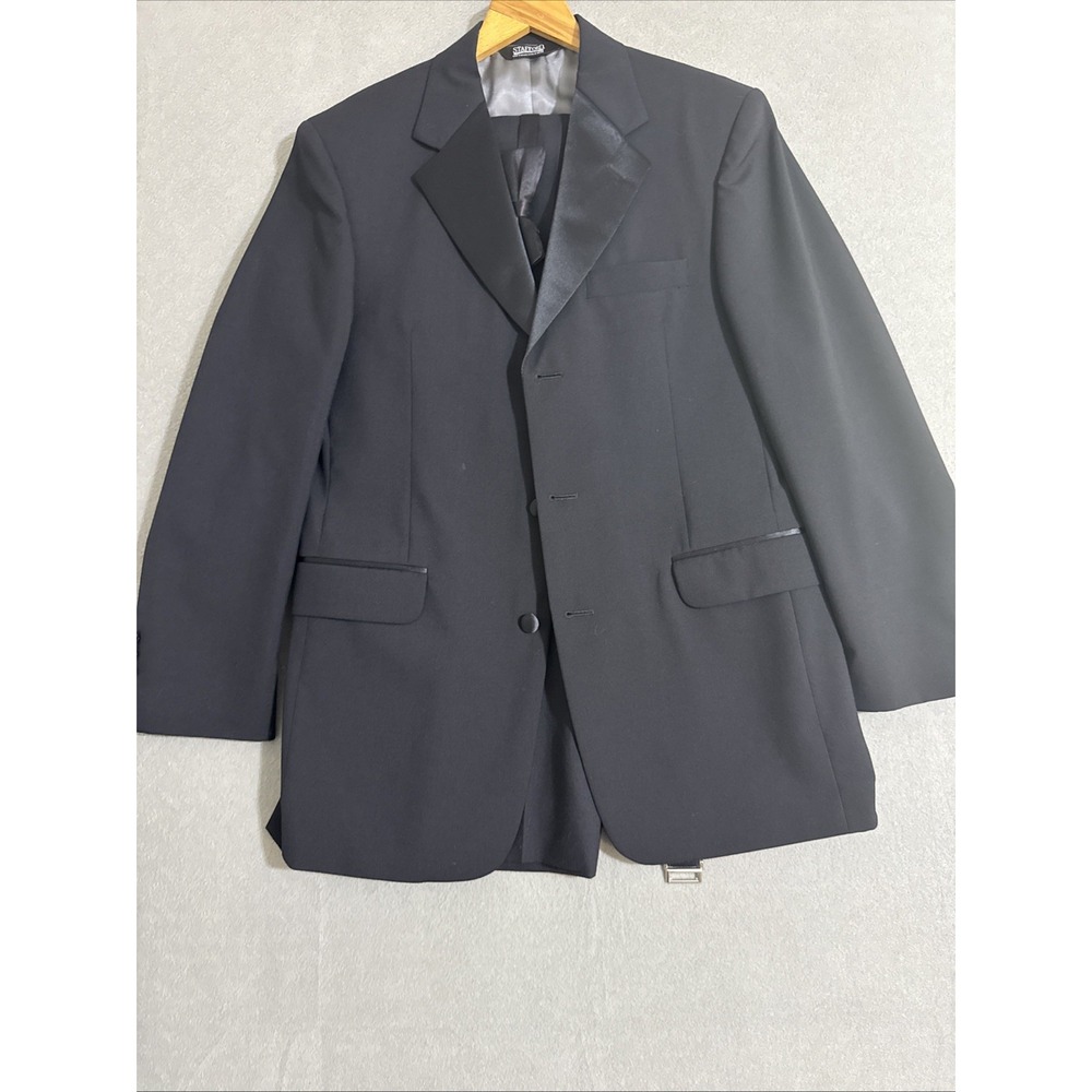 Vintage Y2K Tux Stafford Mens Black 100% Wool Tuxedo 38R Blazer Pant 32x32‎ 4 Pc